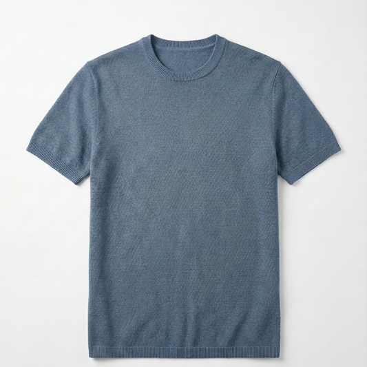 Classic Steel Blue Knitted Crew Neck T-Shirt