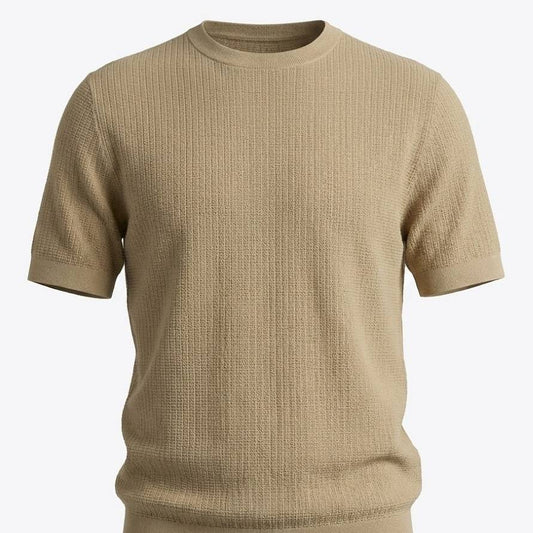 Classic Beige Textured Knit Crew Neck T-Shirt